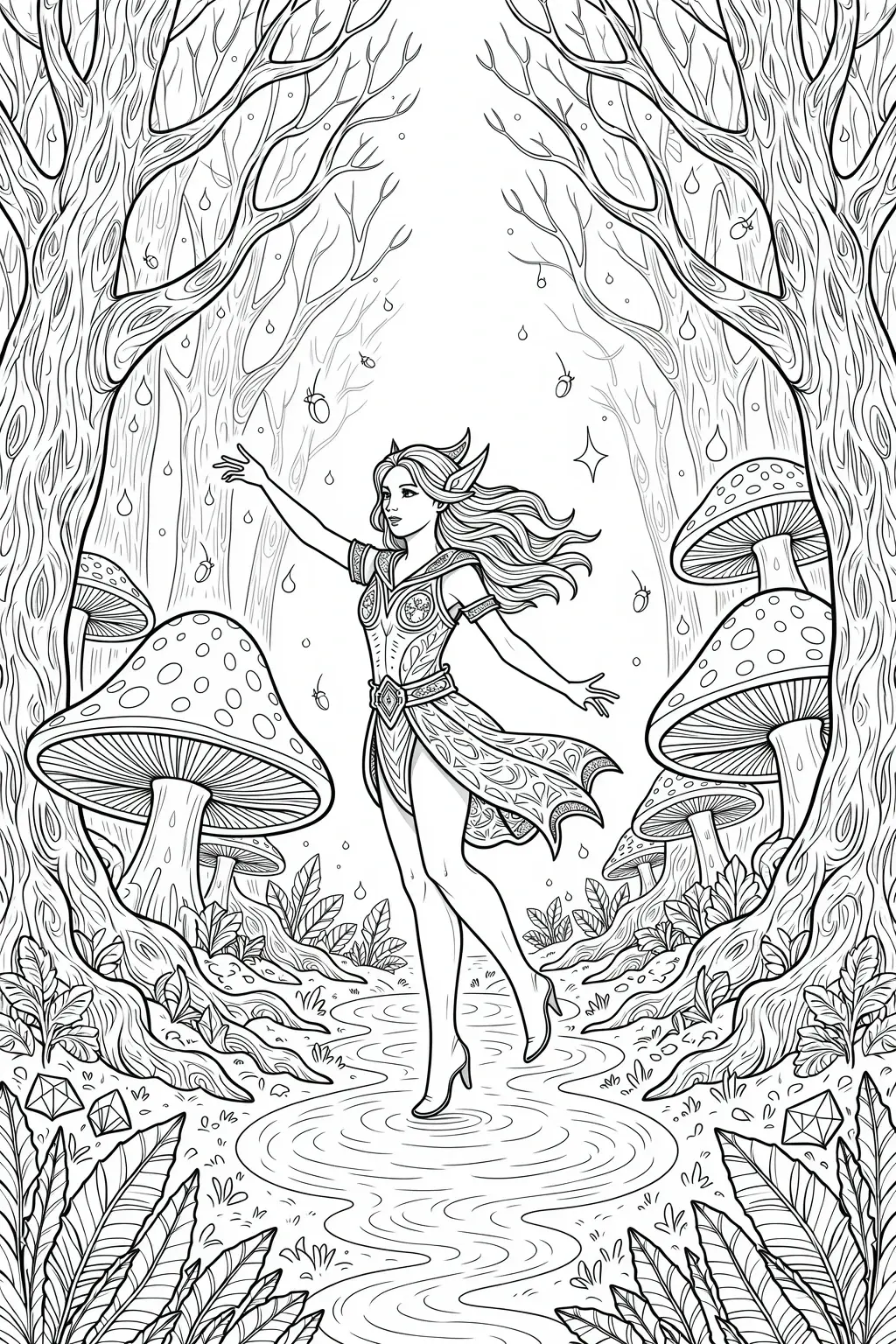 Black and white coloring page of fairy standing in a magical forest with large mushrooms, tall trees, and floating sparkles