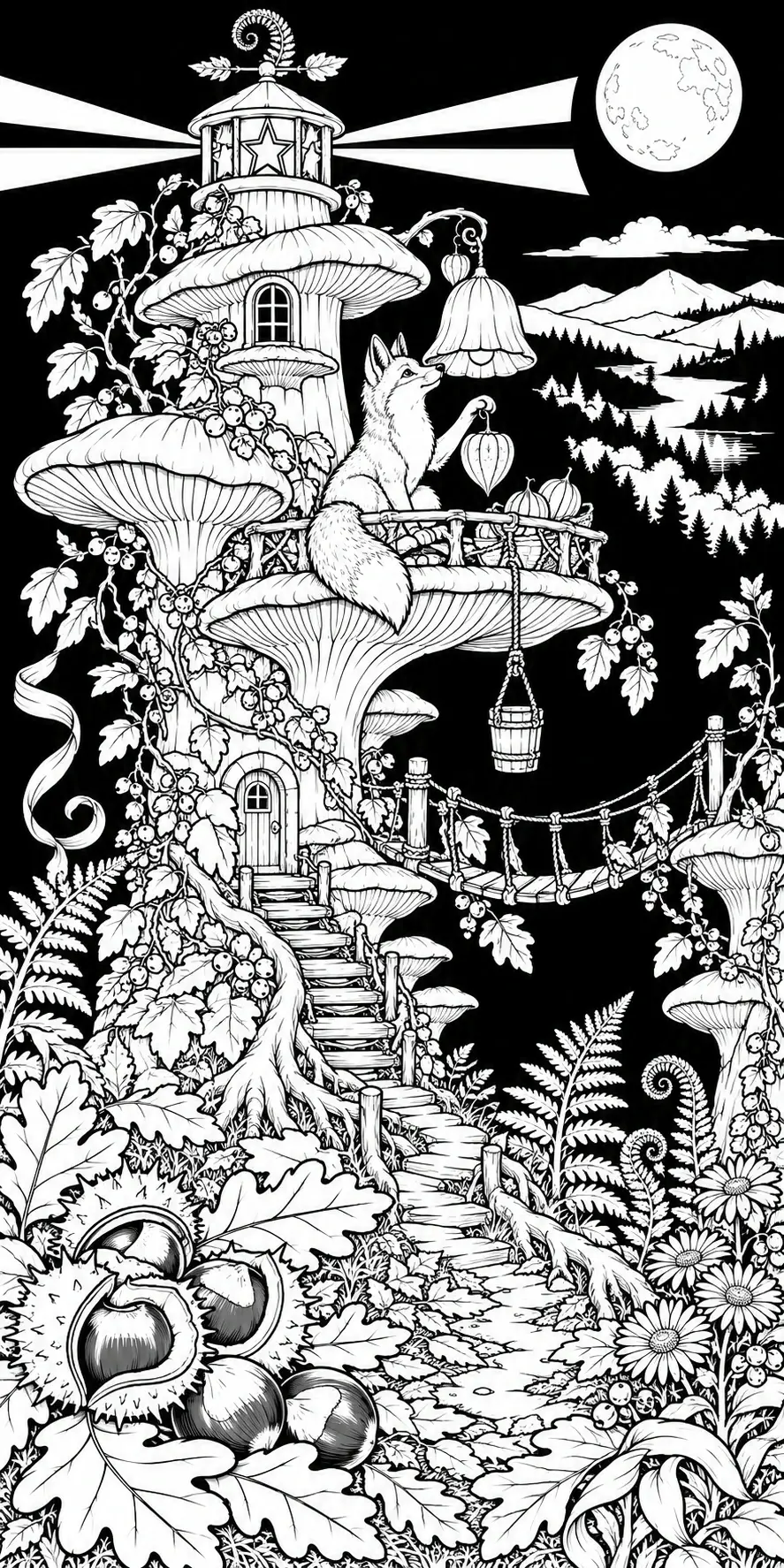 A fox sits on a mushroom lighthouse balcony beneath sweeping light beams, with a moon, mountains, vines, and a winding path in this coloring page.