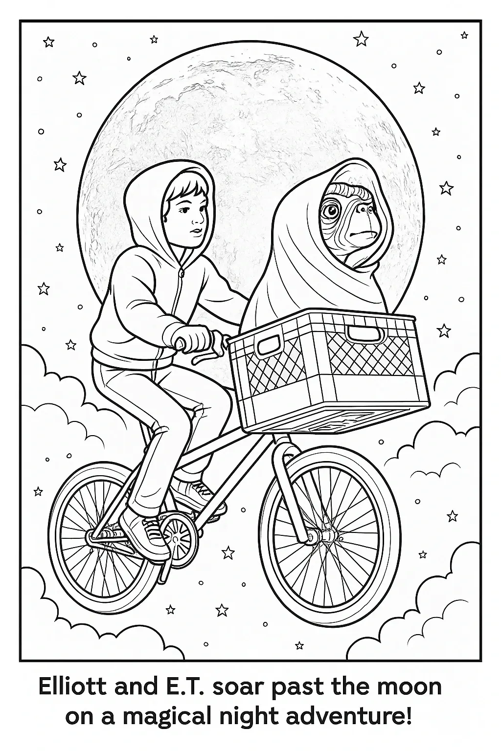 Black-and-white printable coloring page of a child on a bicycle carrying a wrapped alien in a front basket, flying past the moon with stars and clouds; ideal detailed coloring page, kids' coloring