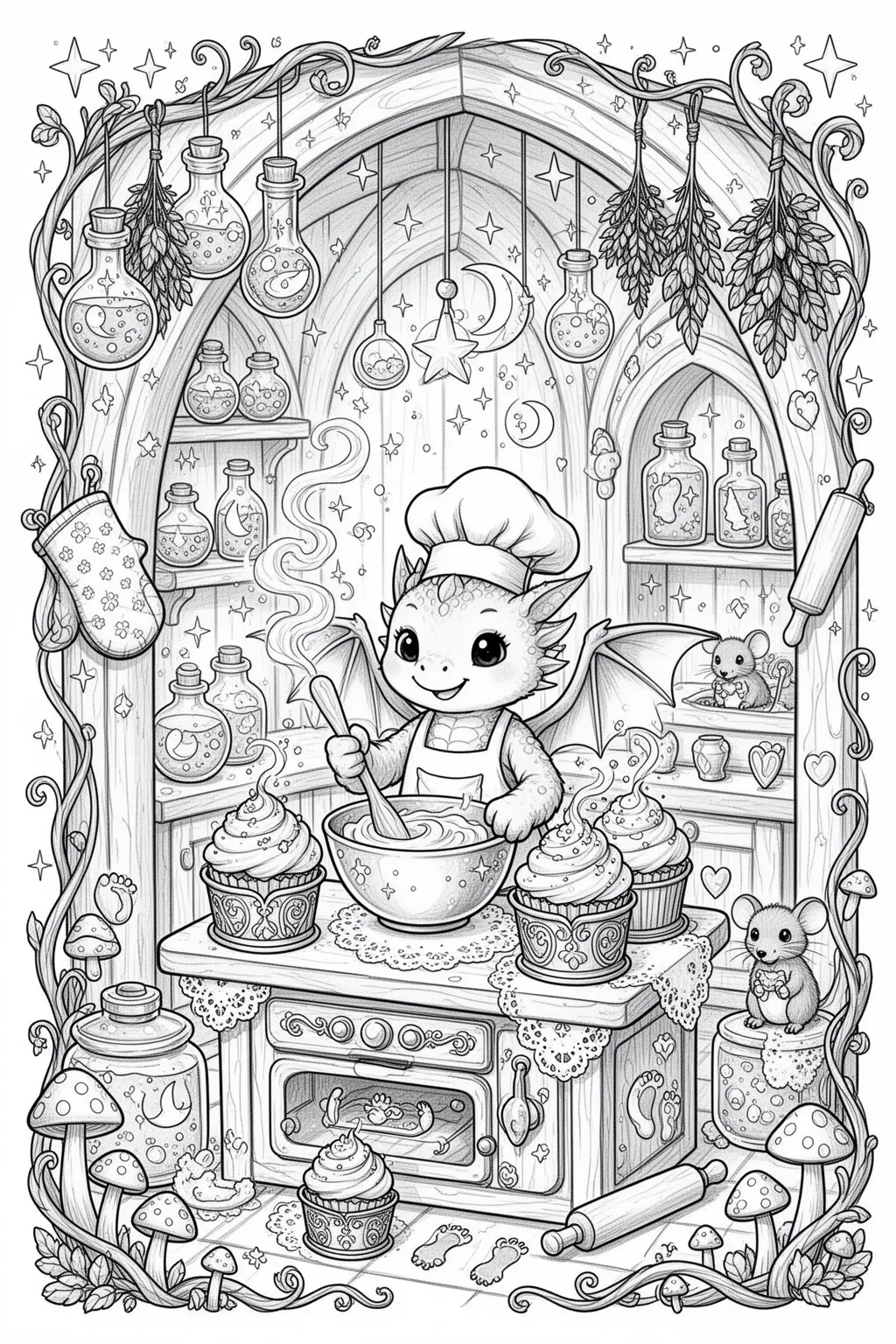 Tiny Dragon Baking Cupcakes coloring page.