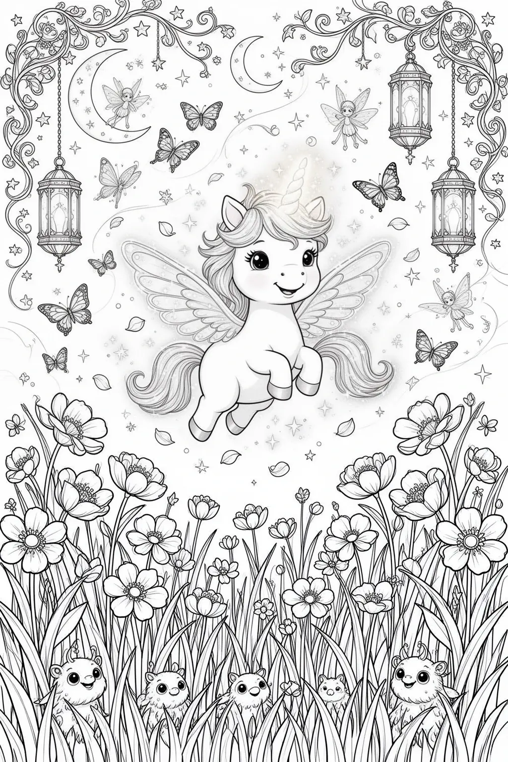 Enchanted Baby Unicorn First Flight coloring page.