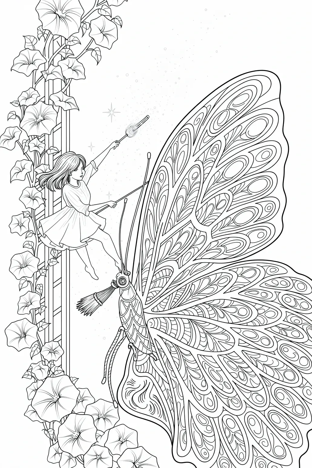 Black-and-white fairy riding a giant patterned butterfly among morning glory vines detailed coloring page, kids' coloring page, printable coloring page and coloring sheets with mandala-style wings.