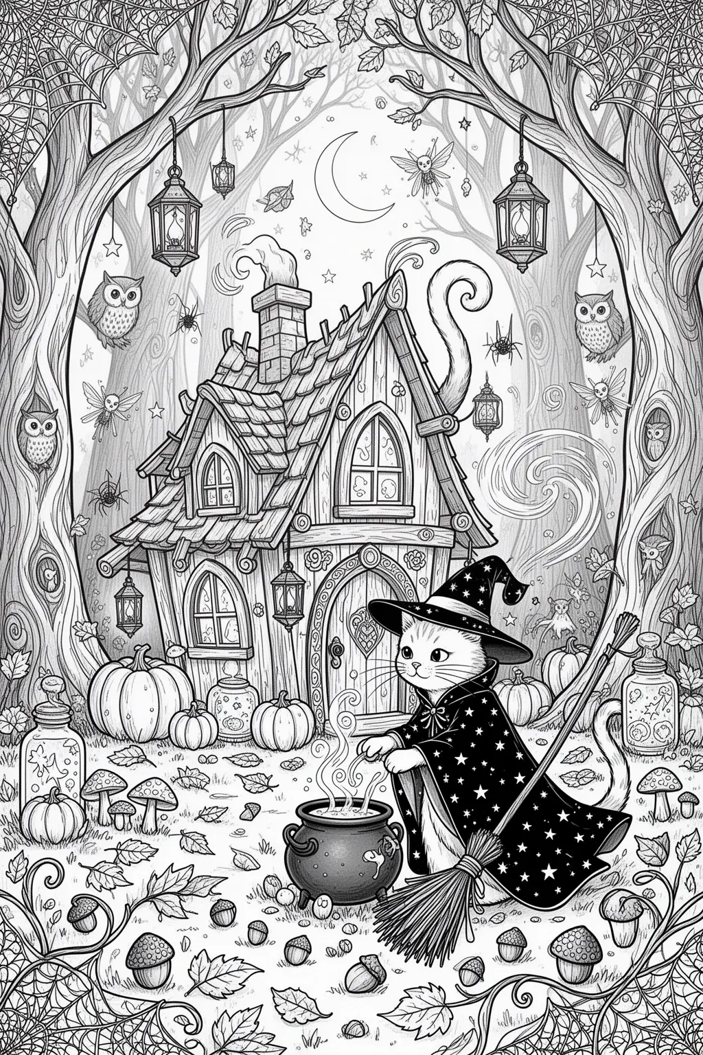 Purr-fectly Spooky Cat Witch Cottage coloring page.