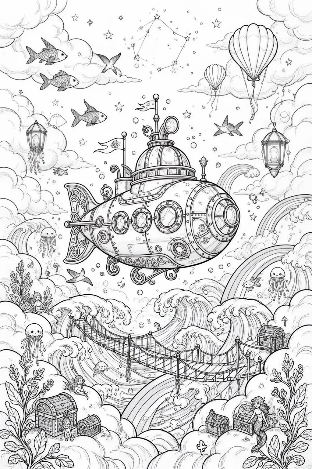 Cloud Ocean Adventure Printable coloring page.