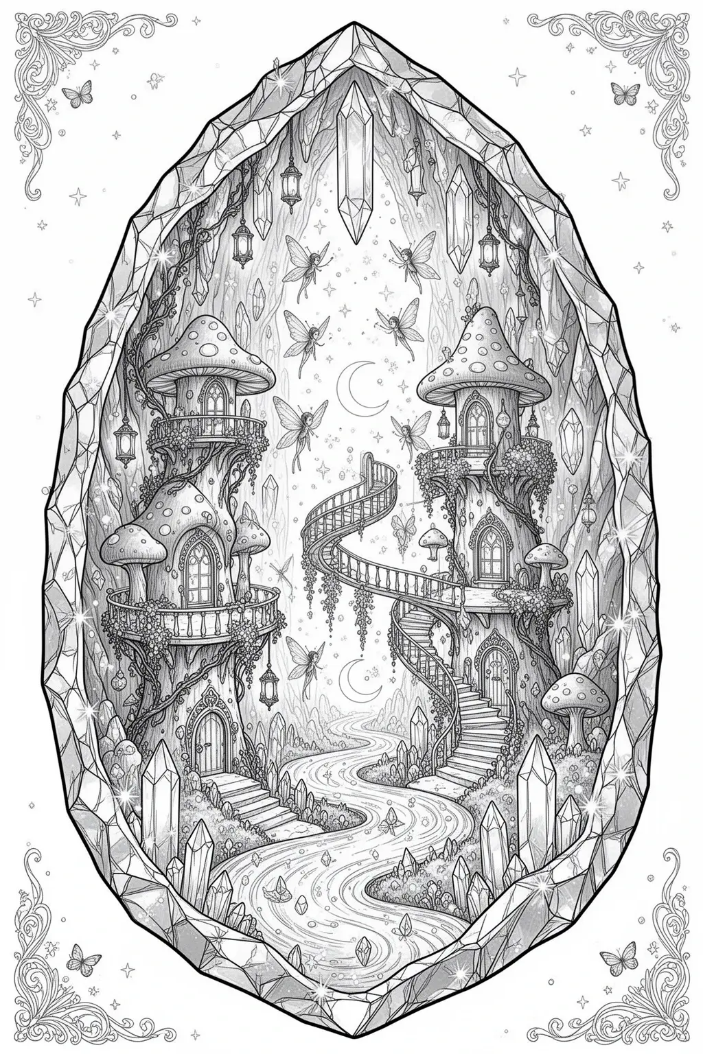 Can You Color This Crystal Fairy Kingdom? Printable coloring page.