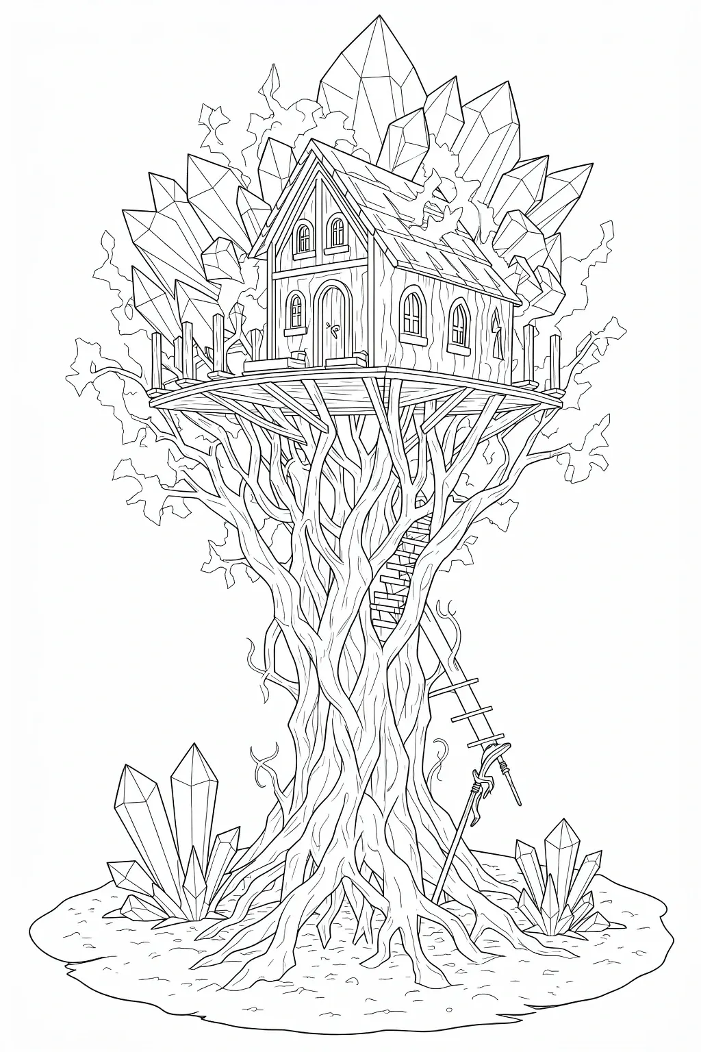 Line art of a detailed treehouse built on twisting roots with crystal clusters around it printable coloring page and coloring sheets for kids' coloring page and a detailed coloring page perfect for a