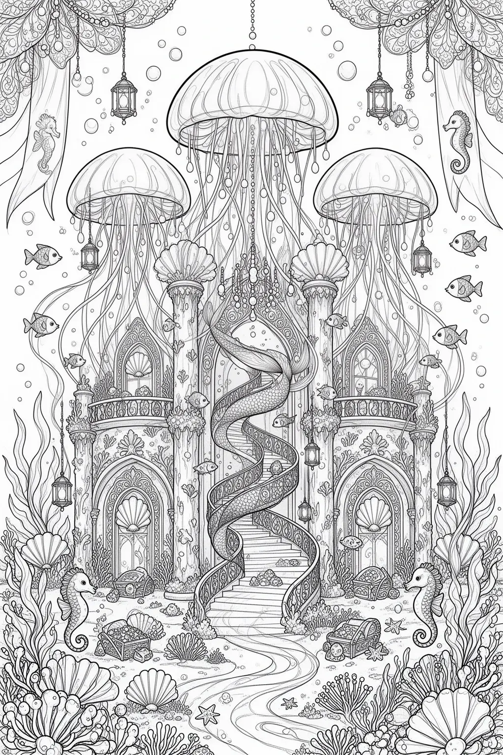 Can You Color This Dreamy Jellyfish Palace? coloring page.