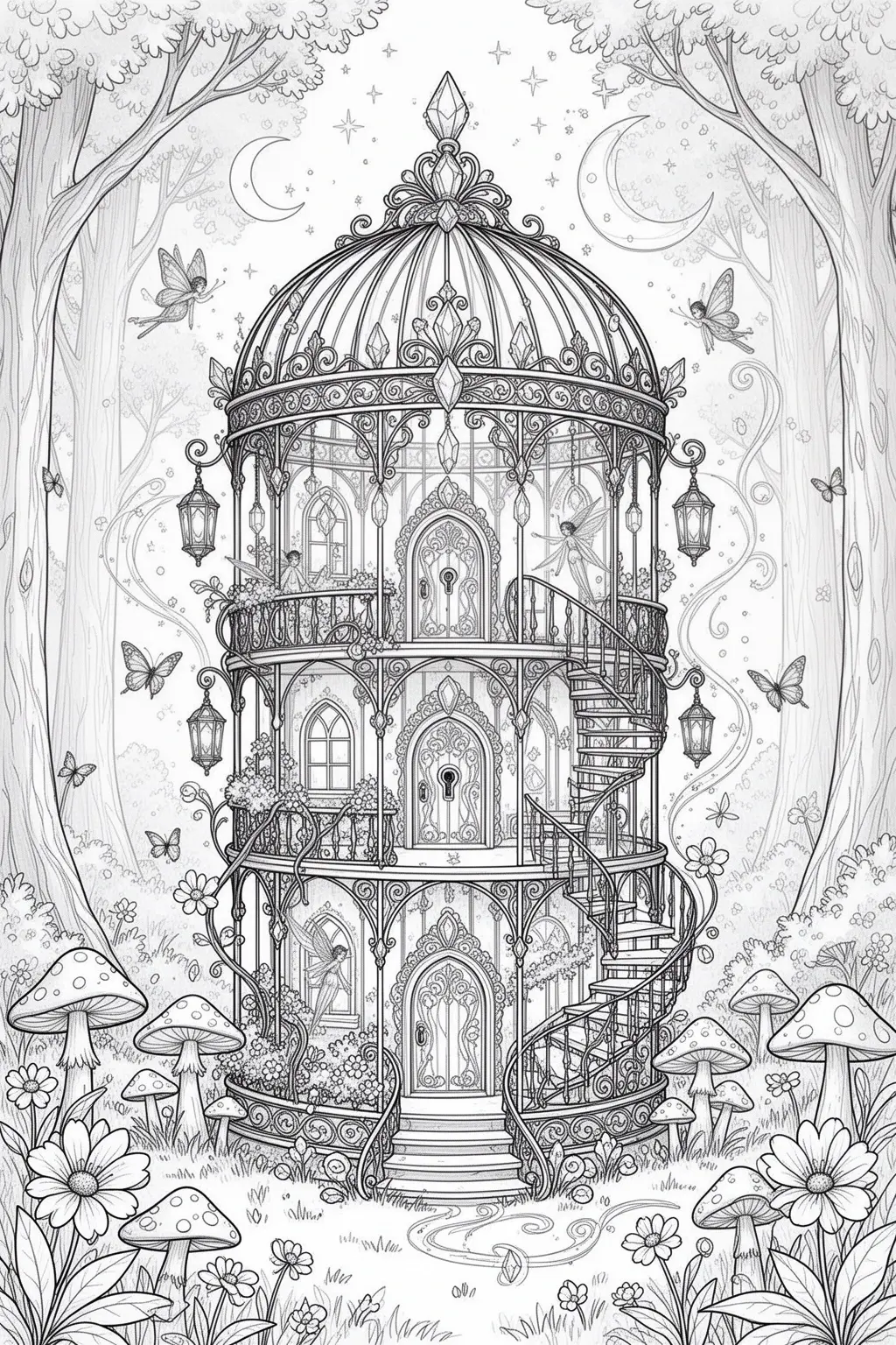 Enchanted Birdcage Mansion | Magical coloring page.