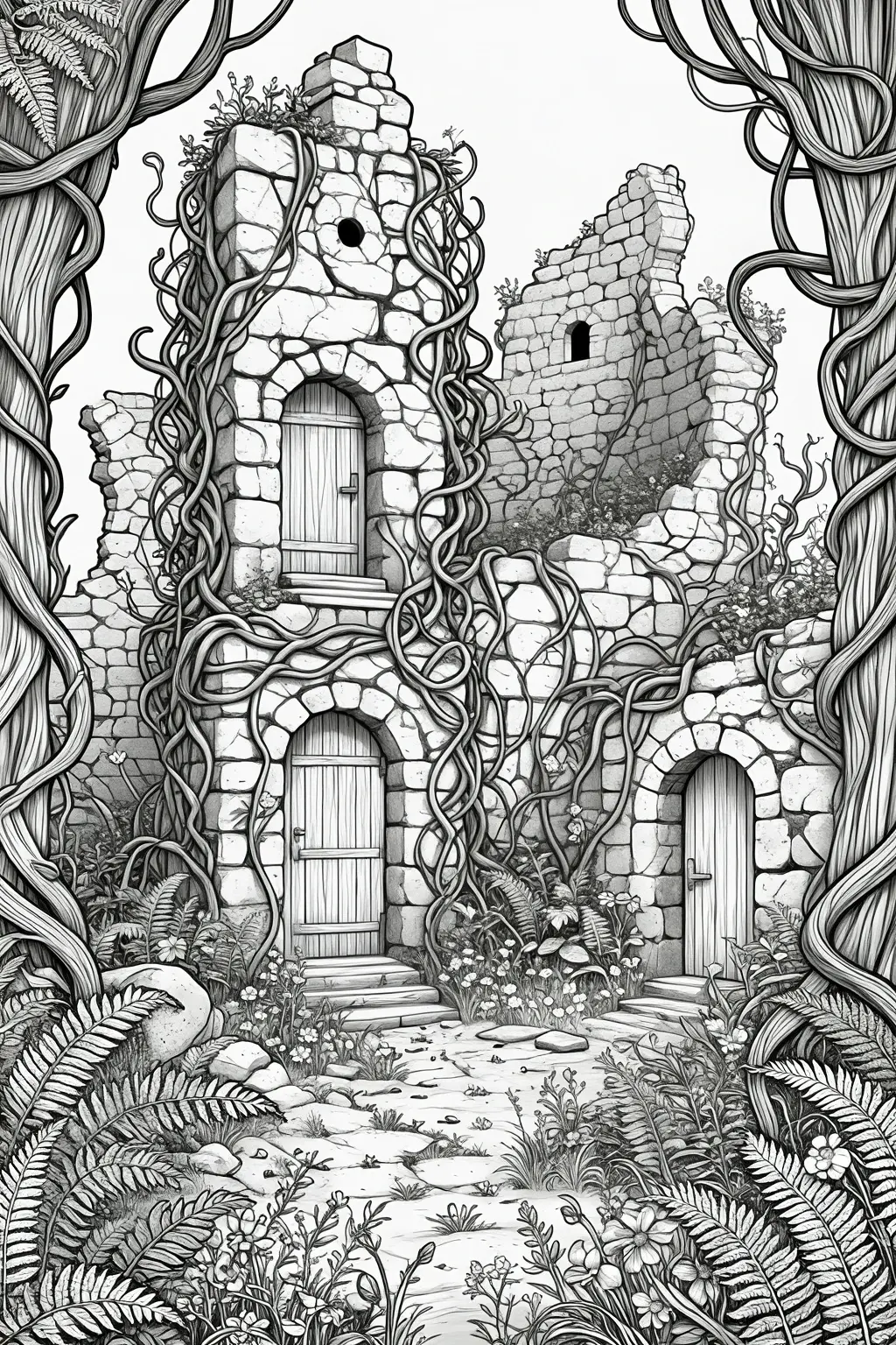 Black-and-white detailed coloring page of an overgrown stone ruin castle with vine-covered walls, wooden doors, wildflowers, and forest plants, designed as kids' coloring page and printable coloring