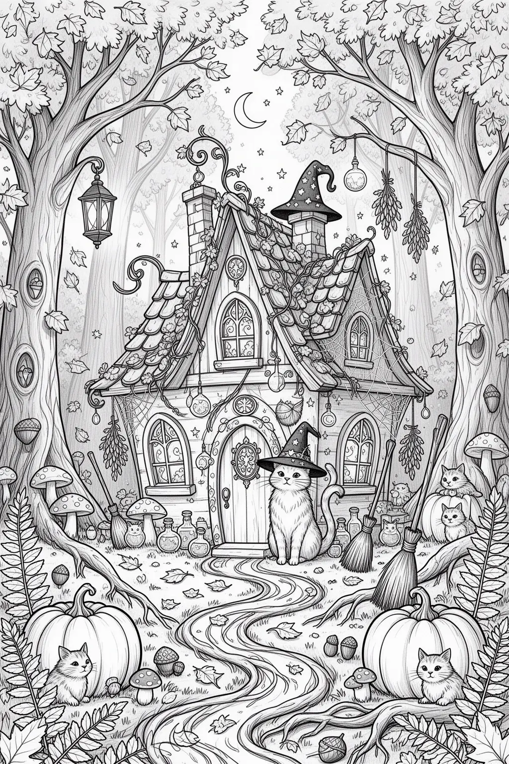 Enchanted Cat Witch Cottage | Printable coloring page.