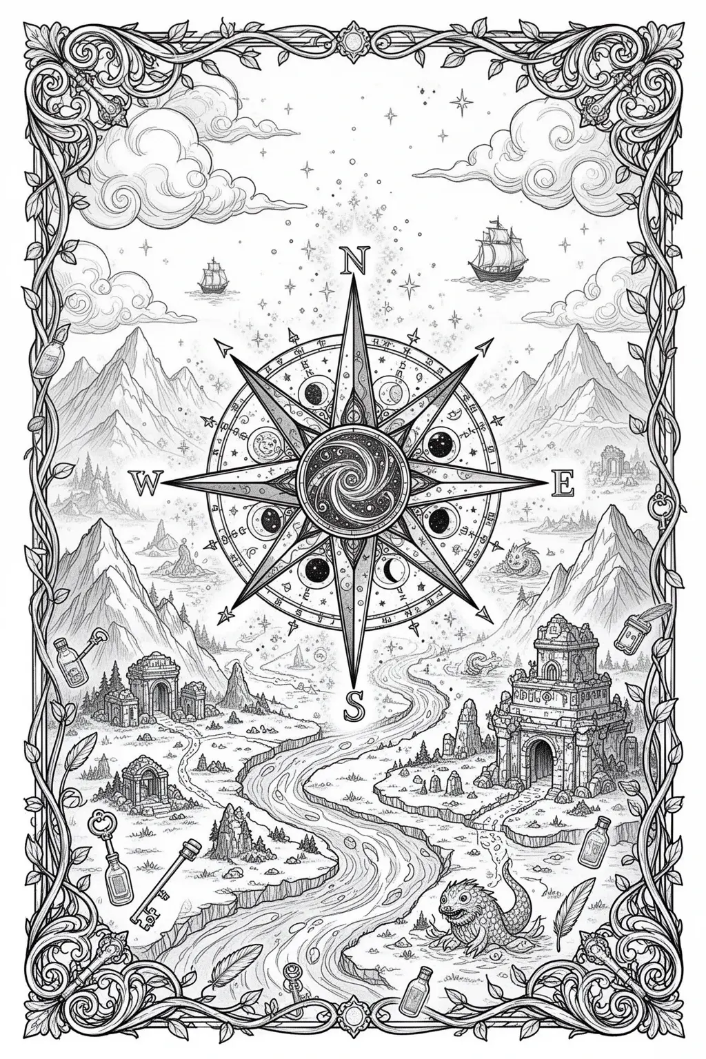 Enchanted Compass Rose coloring page for Dreamers.