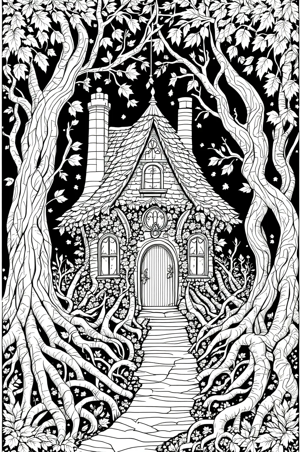 Black-and-white enchanted cottage in the woods line art a detailed coloring page scene showing a fairy-tale house among twisting tree roots and flowers. Perfect printable coloring page, kids' coloring