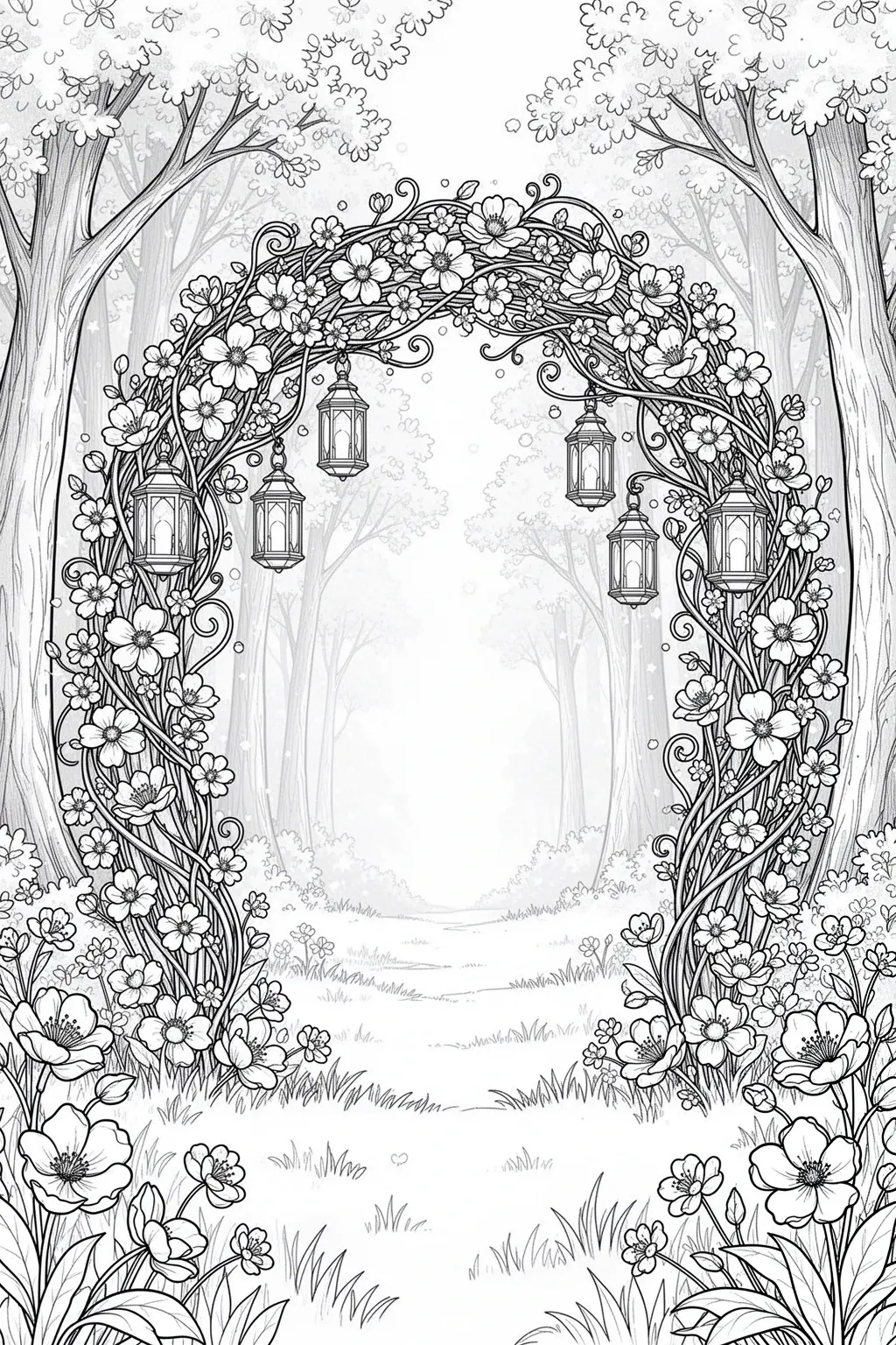 Black-and-white coloring page of enchanted forest arch coloring page.