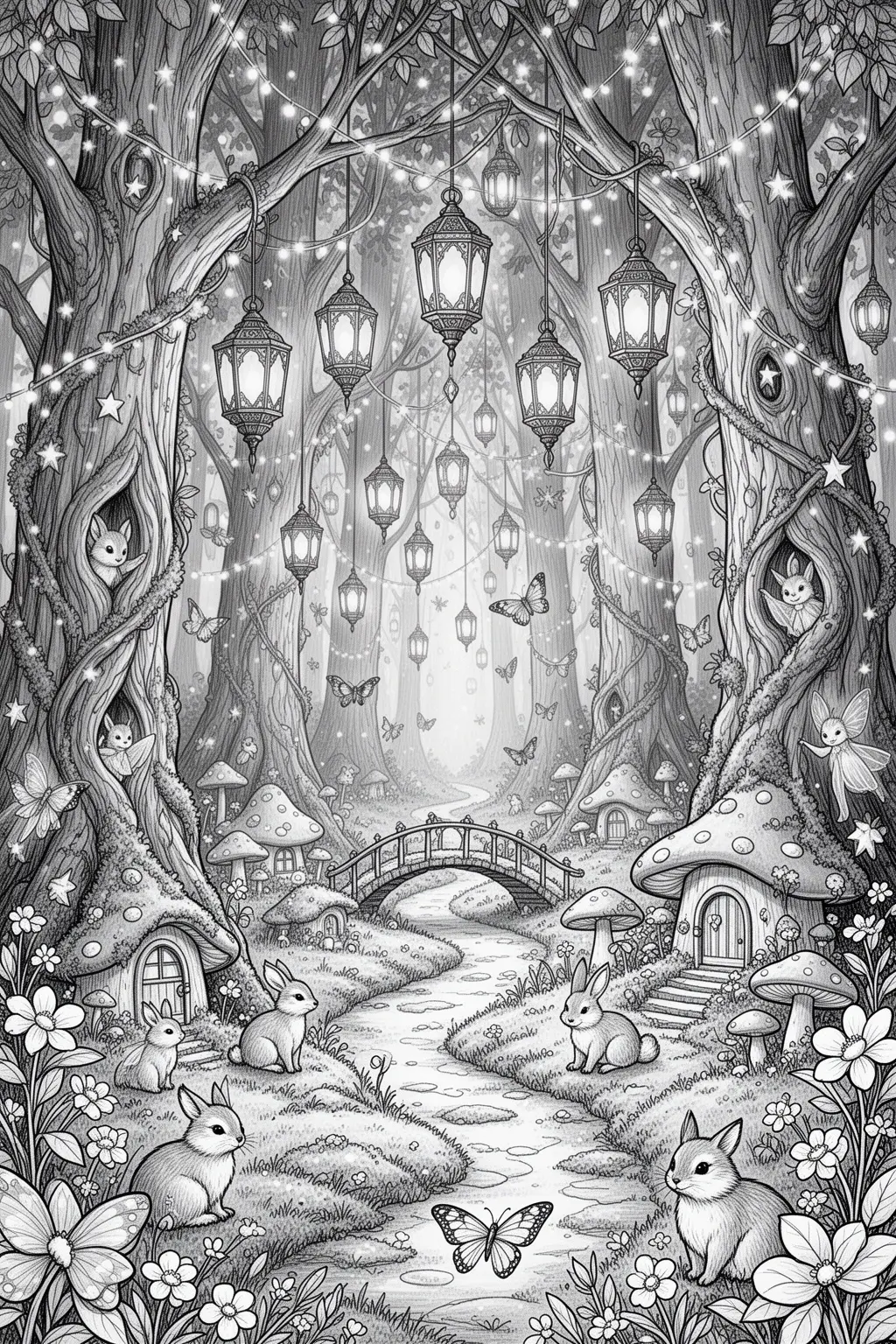 Lanternlit Forest Magic coloring page.