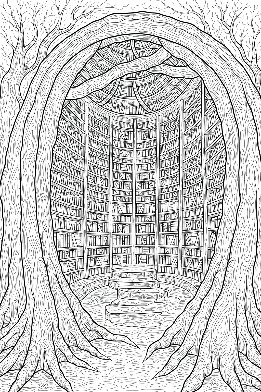 Black and white detailed library inside a hollow tree intricate, detailed coloring page ideal for kids' coloring page and an adult printable coloring page or coloring sheets; fantasy tree library with
