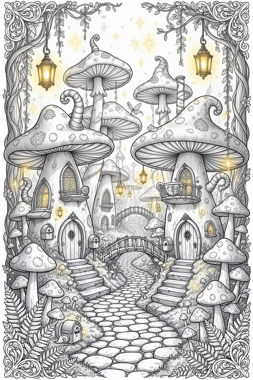Enchanted Mushroom Village coloring page | Magical Printable.