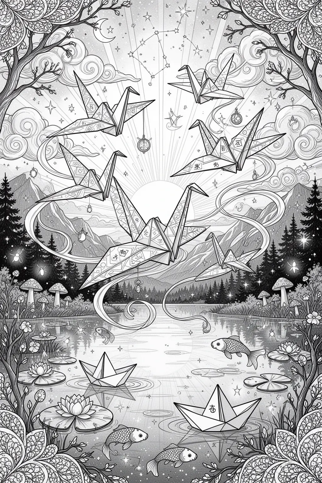 Can You Color This Magical Origami Crane Sunset? coloring page.