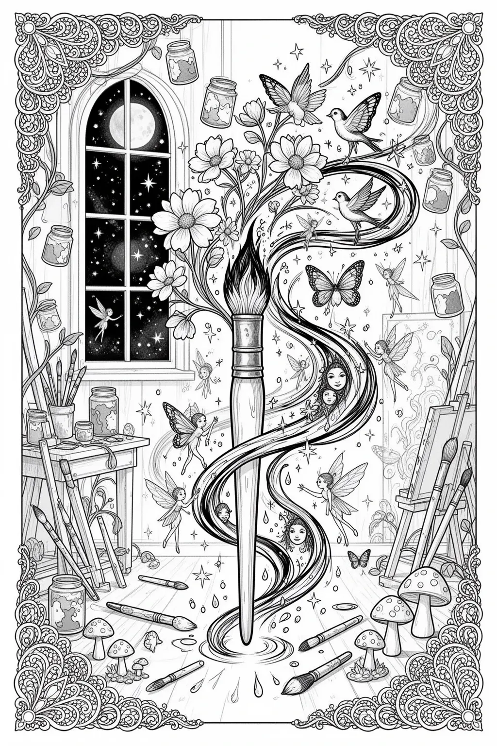 Living Magic Brush | Enchanted Paintbrush coloring page.
