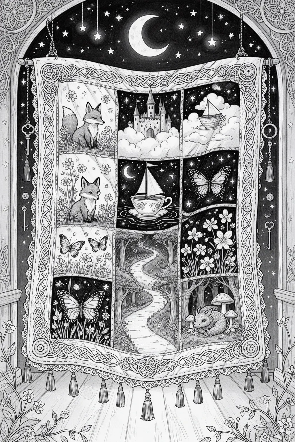 MAGICAL Quilt coloring page Moving Scenes in Every Patch.