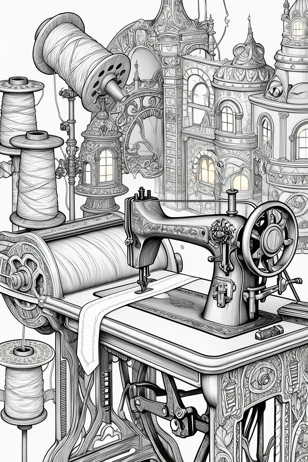 Black and white printable coloring page of an ornate sewing machine surrounded by spools of thread and fantasy castle-like architecture, designed as detailed coloring page and coloring sheets for a