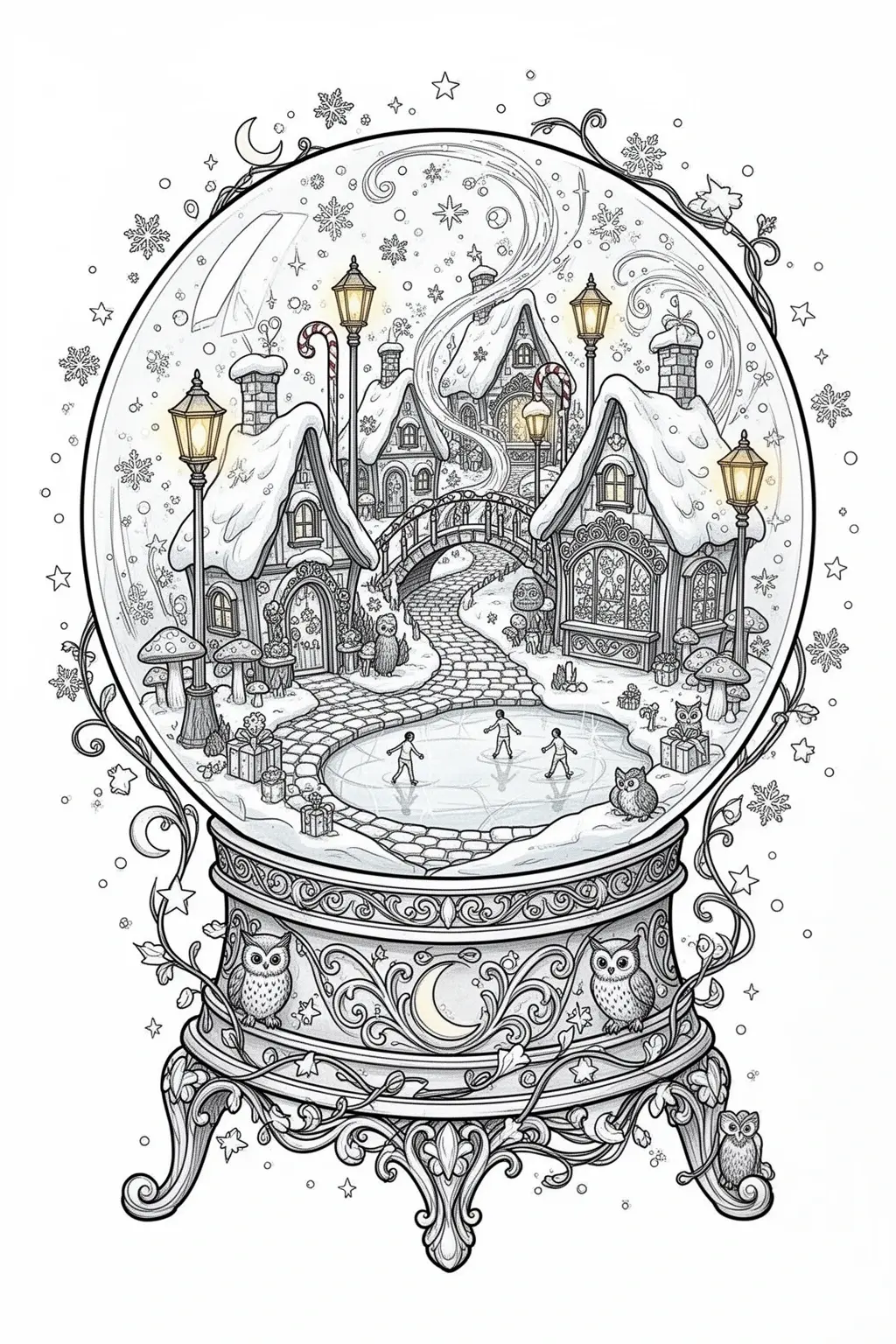 Enchanting Snow Globe Village coloring page.