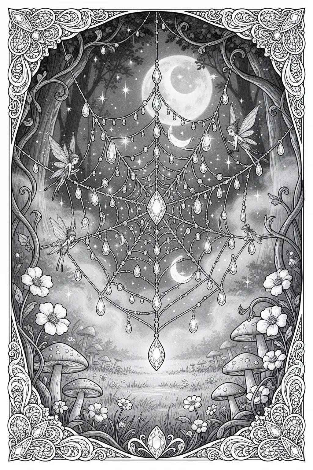Can You Color This Sparkling Enchanted Spiderweb? coloring page.