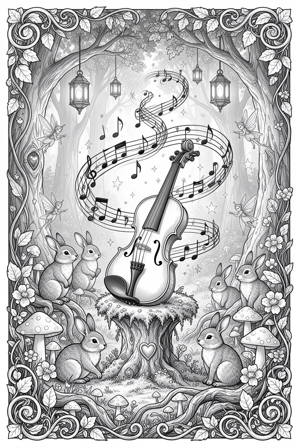 MAGICAL Violin Forest coloring page.