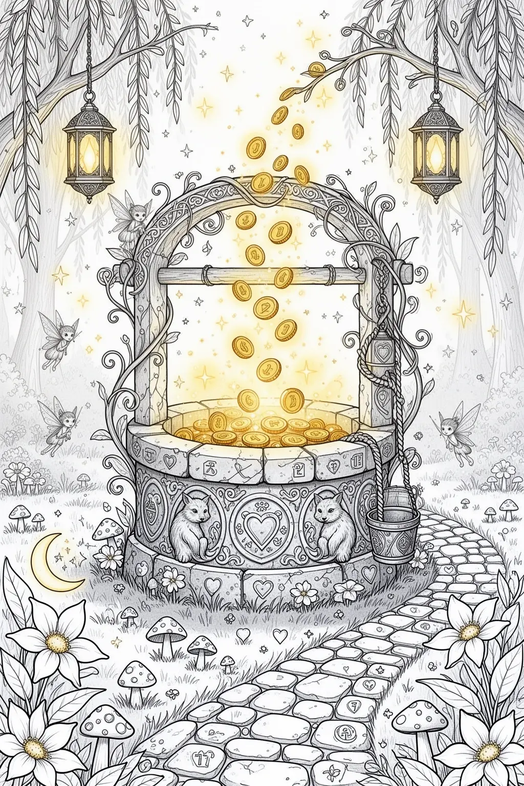 Glowing Wishes at the Well | Printable coloring page.