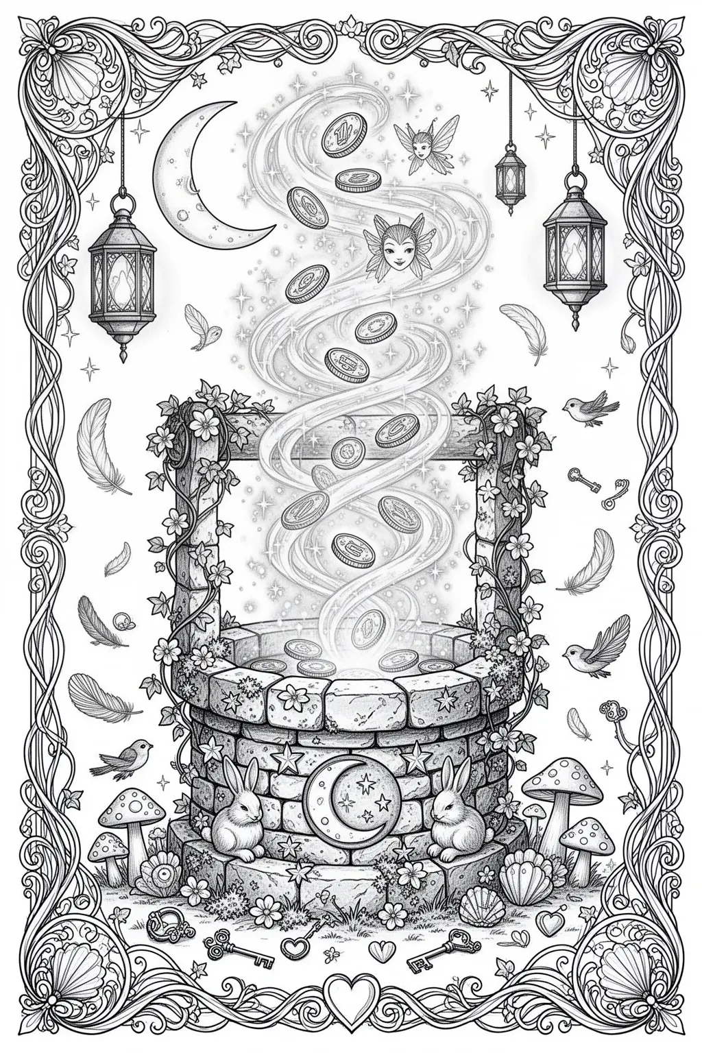 Enchanted Wishing Well coloring page for Magical Printable Fun.
