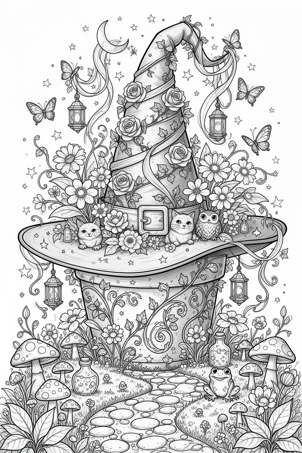 Enchanted Witch Hat Garden coloring page | Printable Fantasy Bloom.