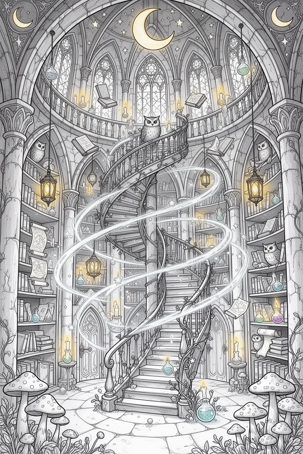 Can You Color This Enchanted Wizard Tower Library? Printable coloring page.