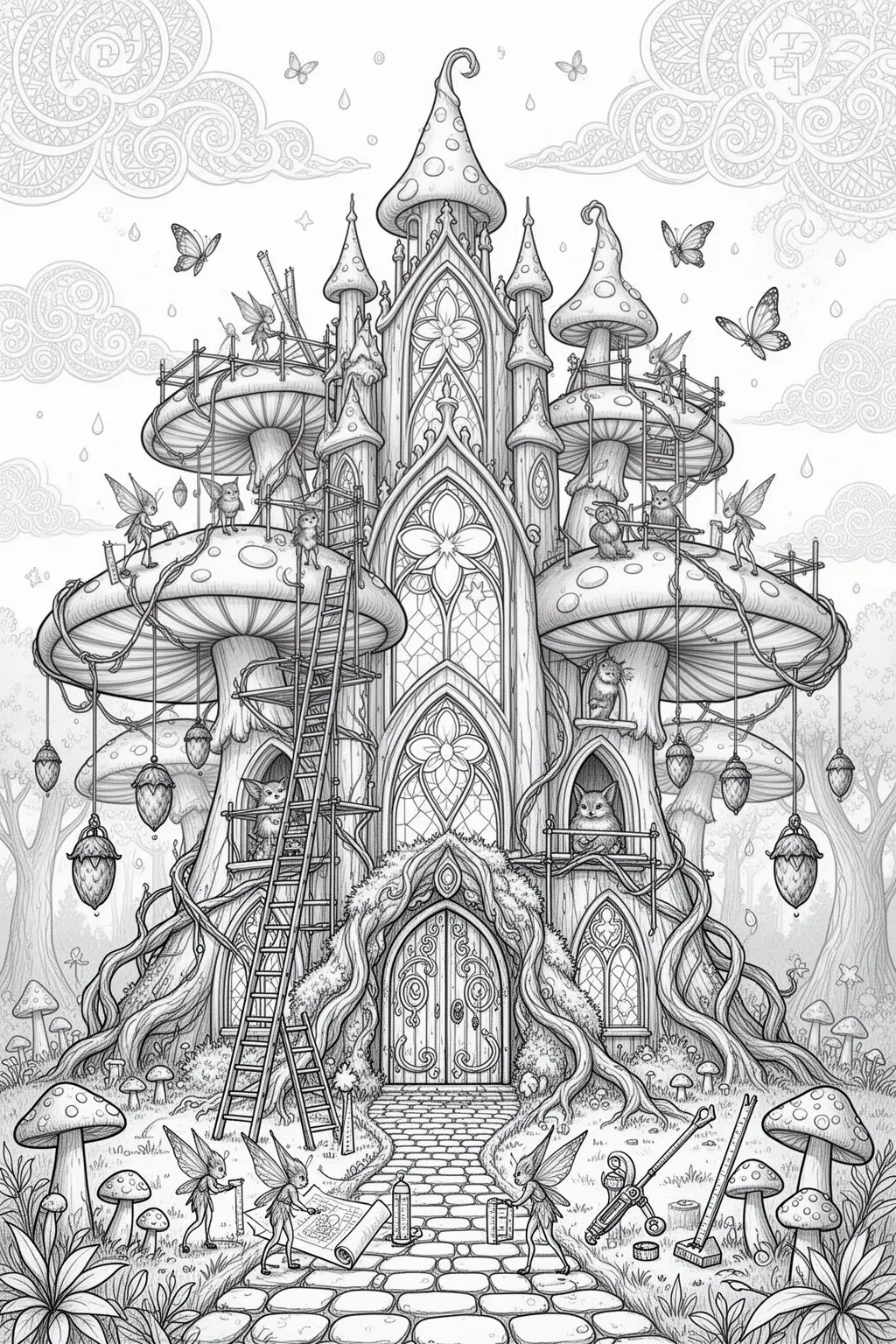 Fairy Architect Toadstool Cathedral coloring page.