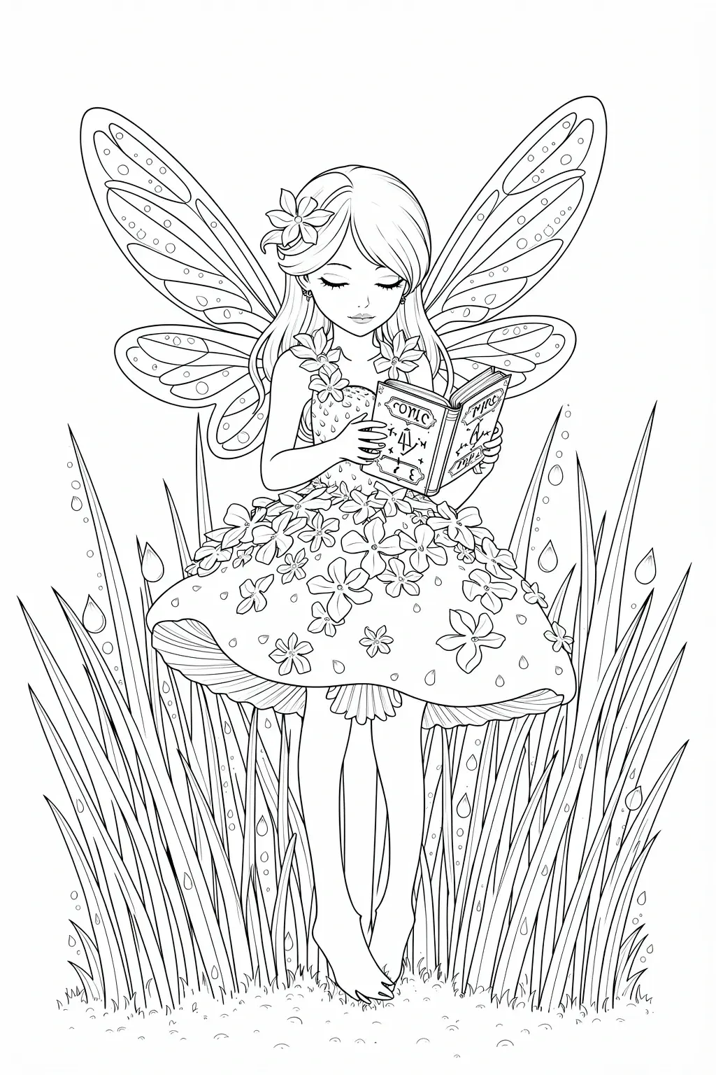 Black-and-white fairy line art sitting in grass reading a book; a detailed coloring page design suitable for kids' coloring page and printable coloring page use as coloring sheets.