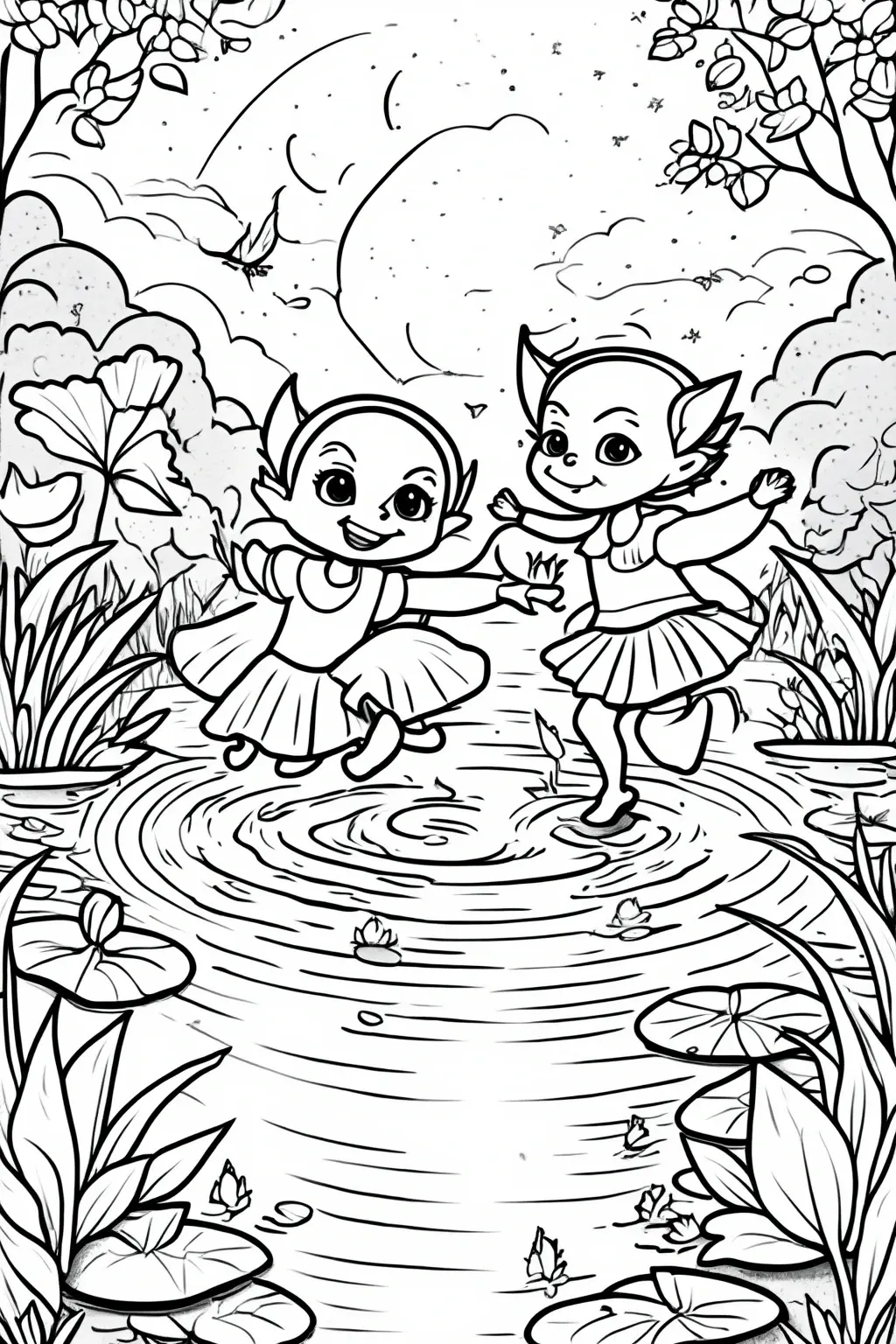 Black and white fairy scene: two playful fairies dancing in a pond among lily pads and flowers. A printable coloring page perfect as kids' coloring page, detailed coloring page, and coloring sheets.
