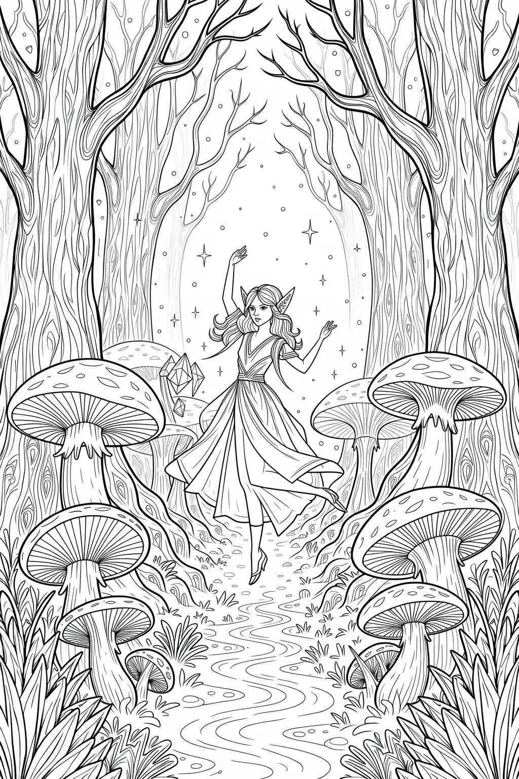 Black-and-white enchanted forest fairy printable coloring page detailed coloring page with intricate trees and giant mushrooms. Perfect kids' coloring page, printable coloring page and coloring