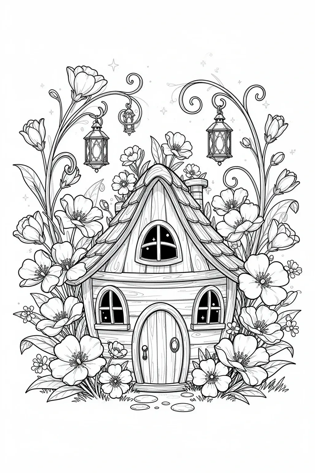 Black-and-white coloring page of a tiny fairy cottage surrounded by flowers and hanging lanterns.