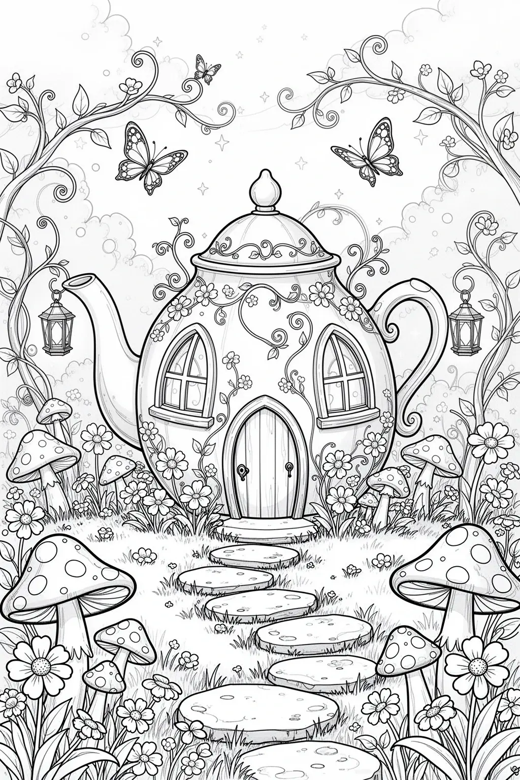 Printable coloring page of a whimsical fairy cottage shaped like a teapot with flowers, windows, vines, and magical garden details.