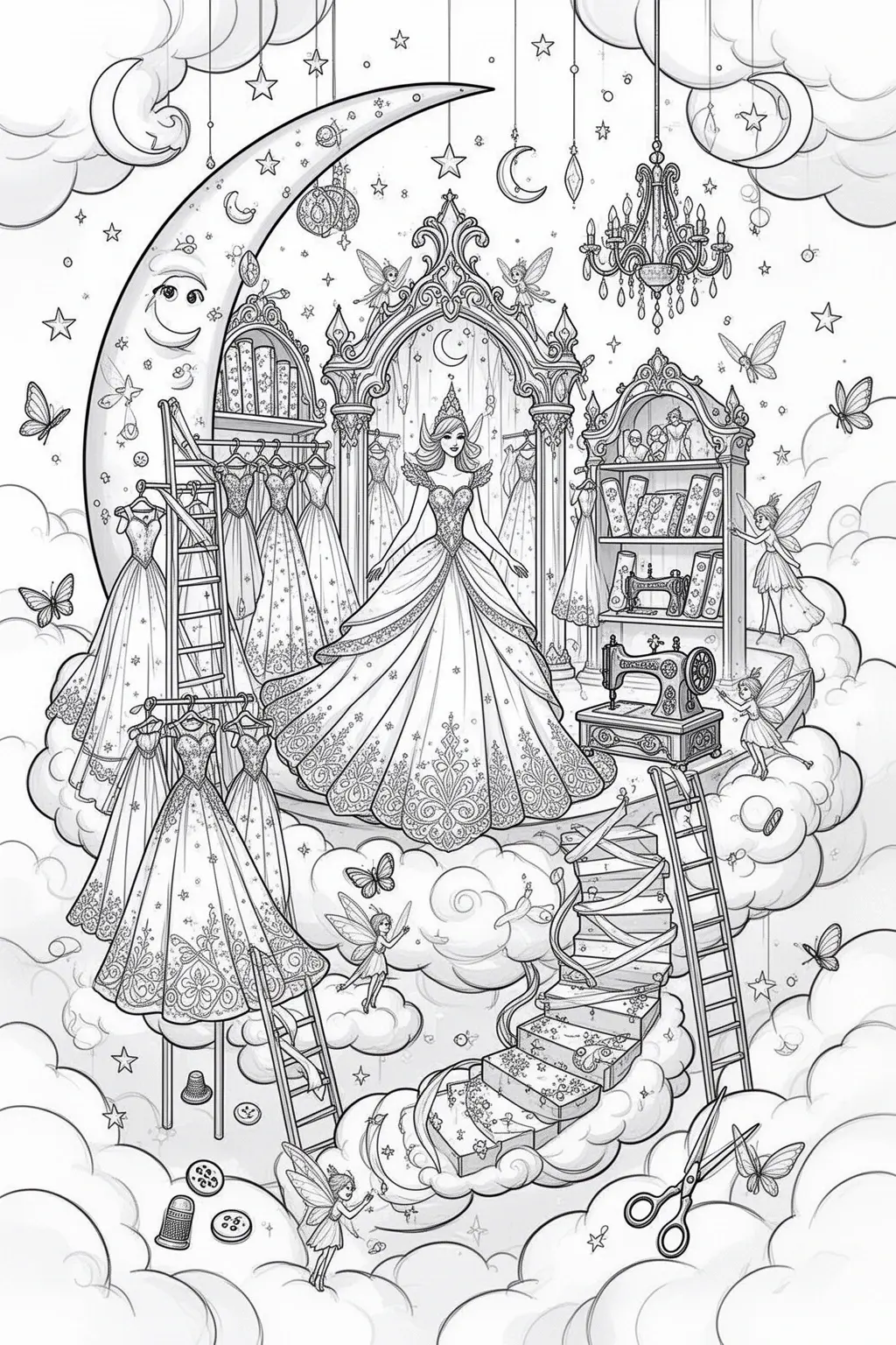 MAGICAL Dress Shop in the Clouds coloring page.