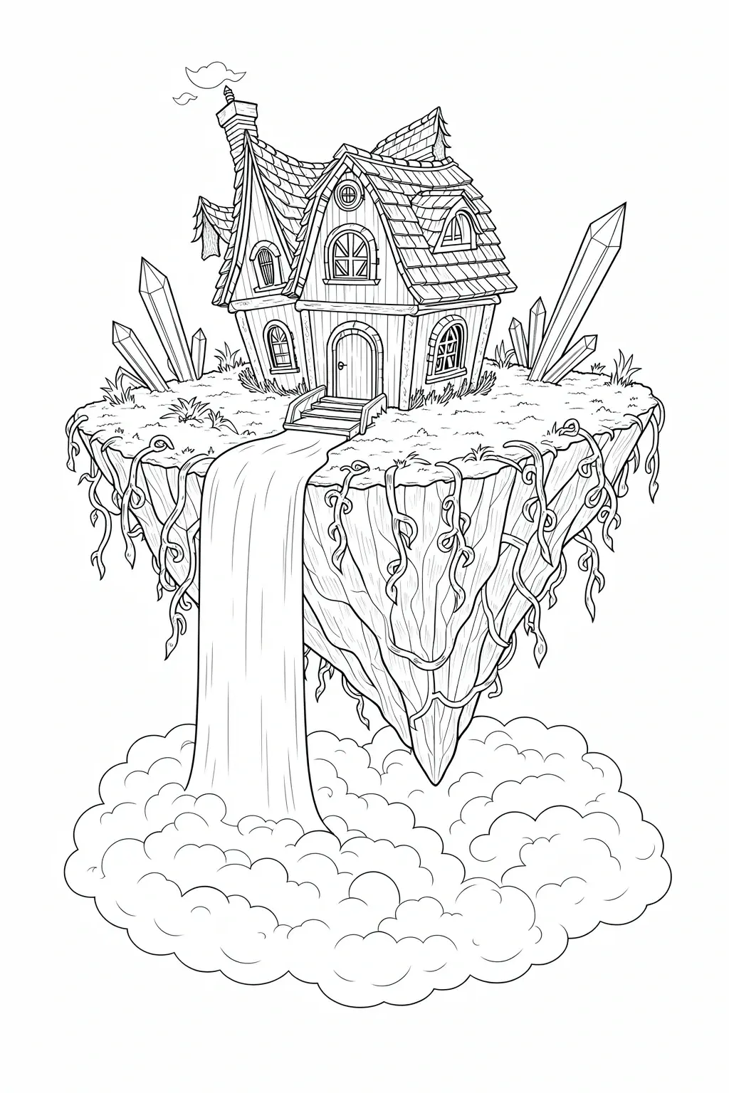 Black-and-white detailed coloring page of a floating island with a fairy-tale house, crystals, vines and clouds perfect kids' coloring page and a printable coloring page with intricate coloring
