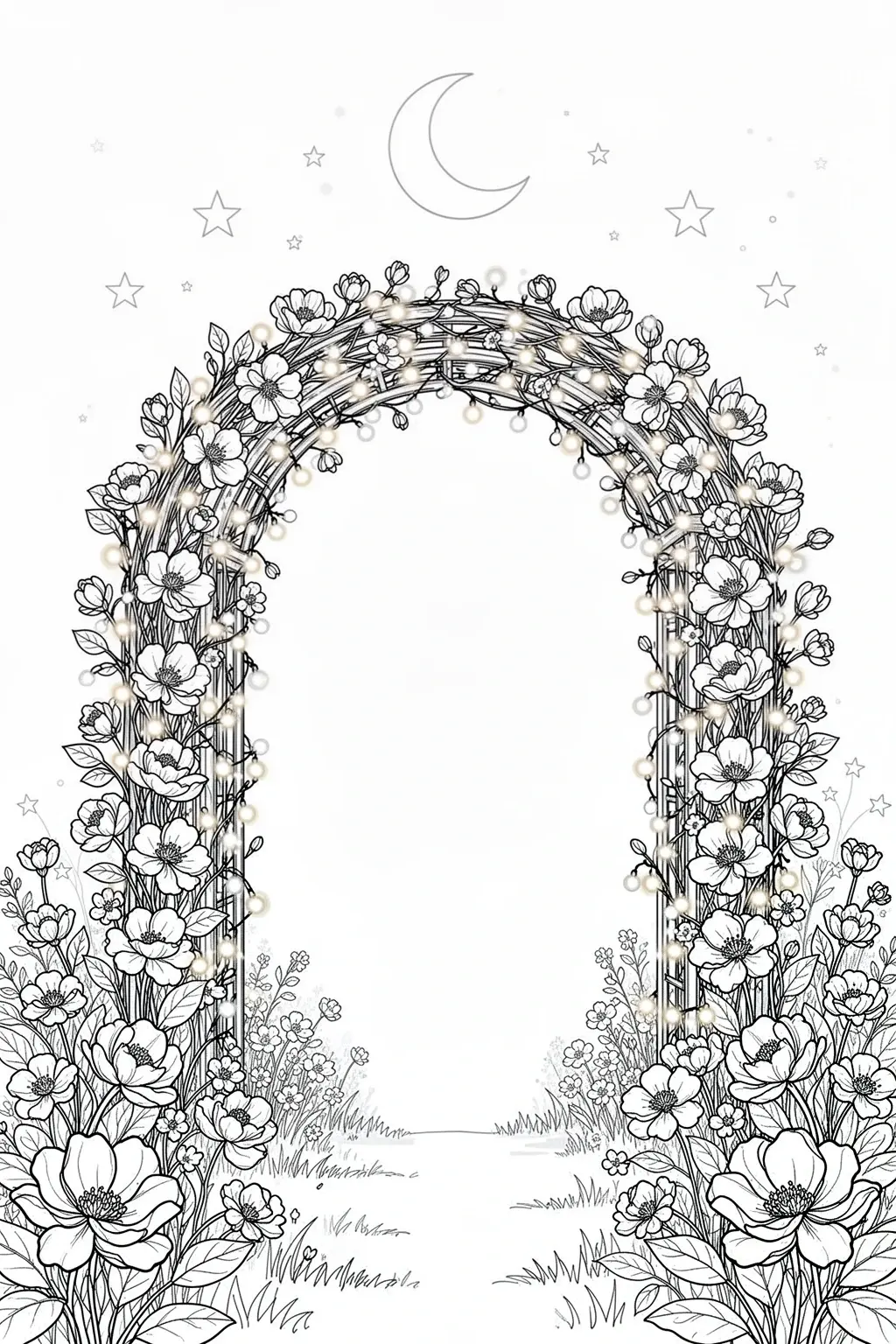 Black-and-white printable fairy light garden arch coloring page with moon and floral details.