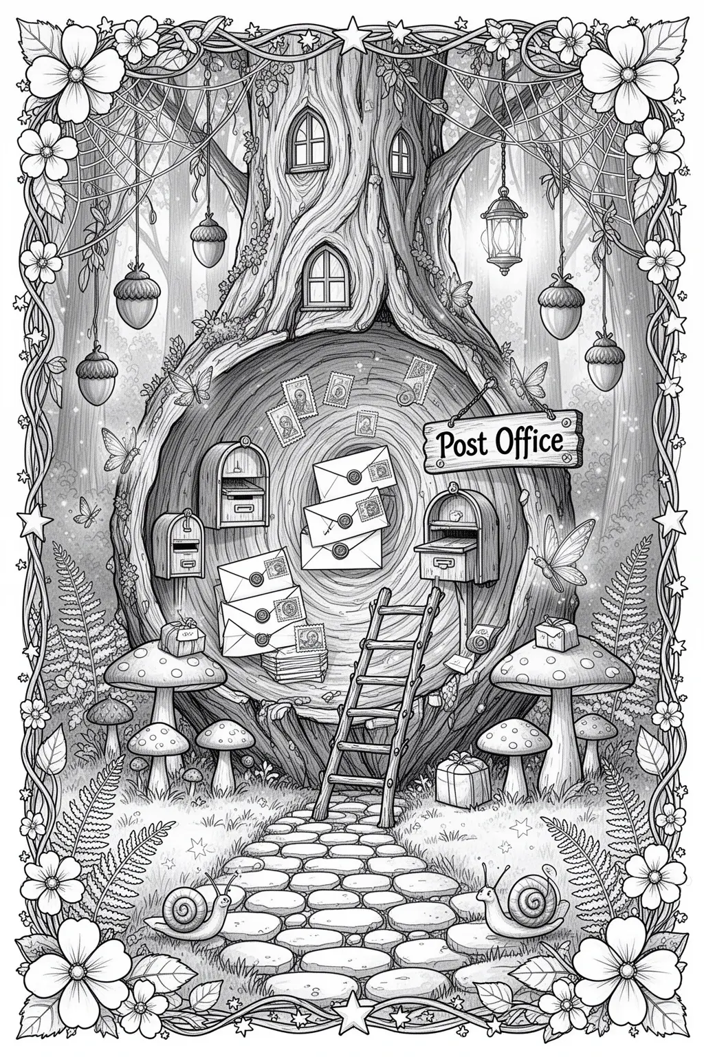 Enchanting Fairy Post Office coloring page in a Hollow Log.