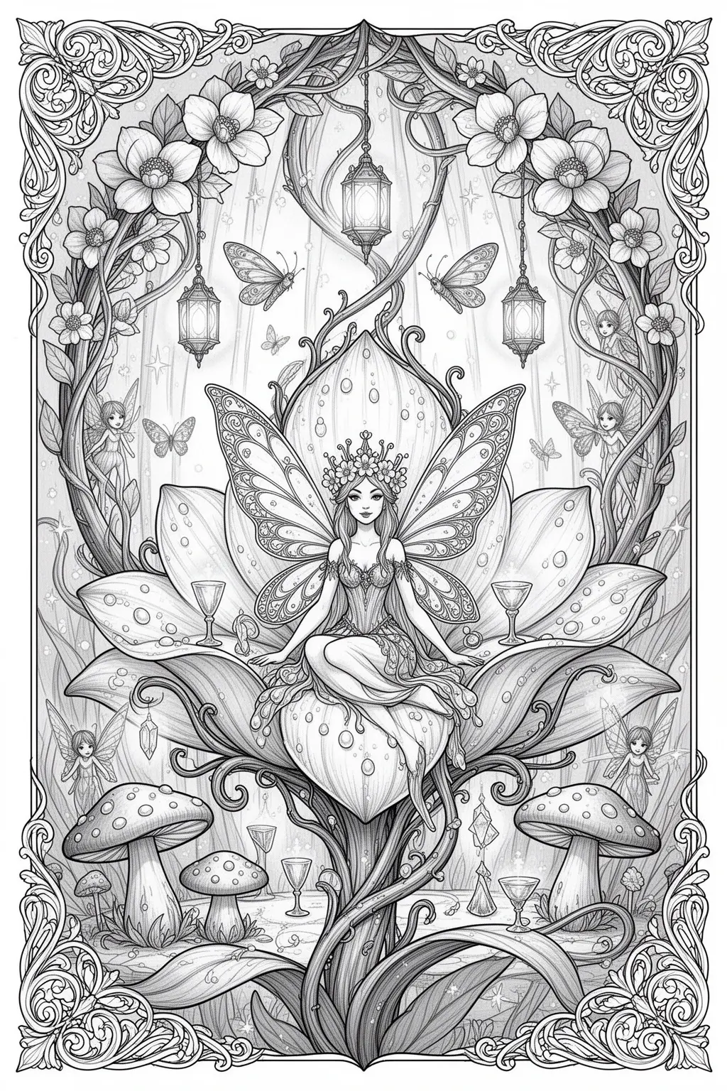 Enchanted Petal Palace | Fairy Queen coloring page.