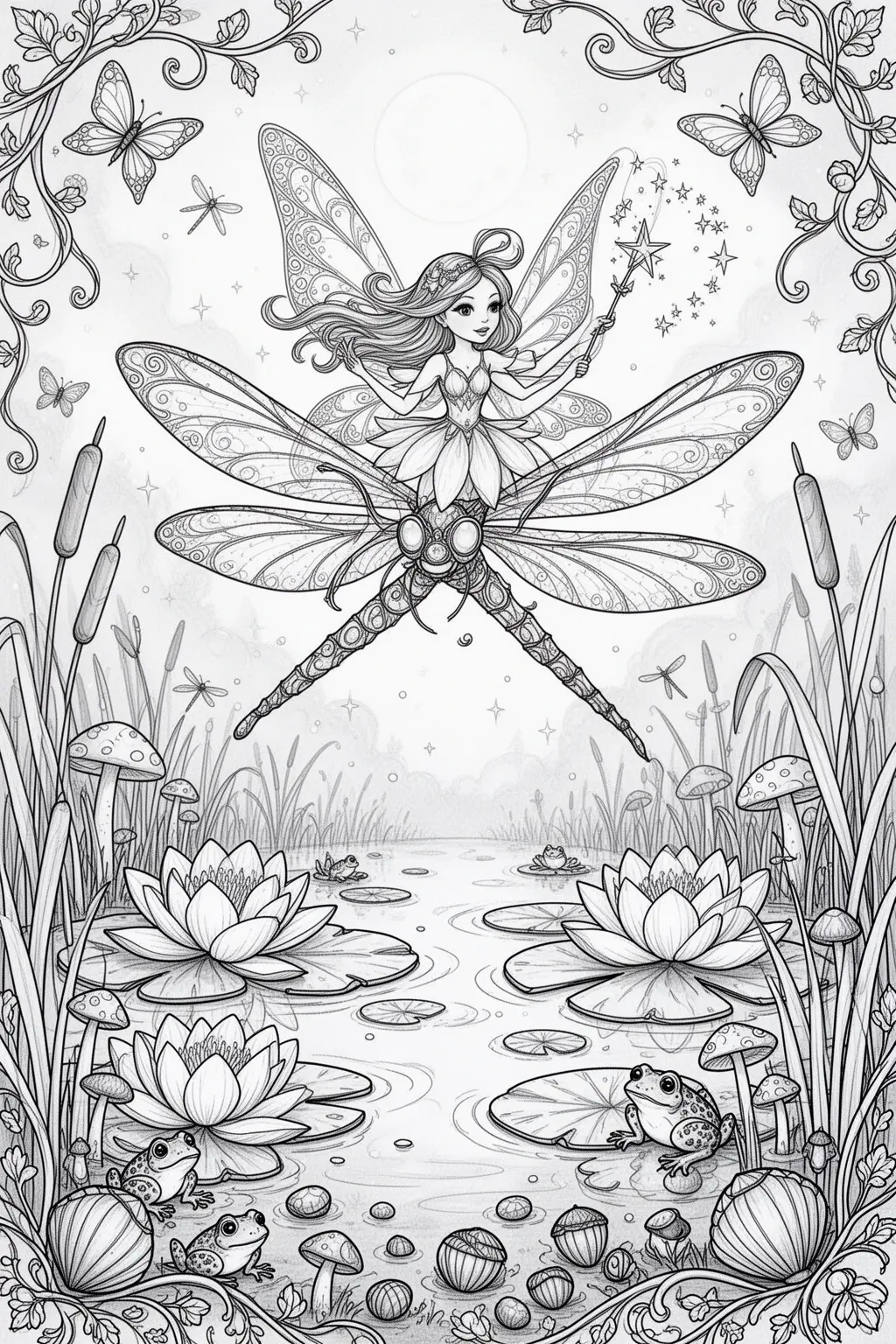 Enchanted Fairy Dragonfly Ride coloring page.
