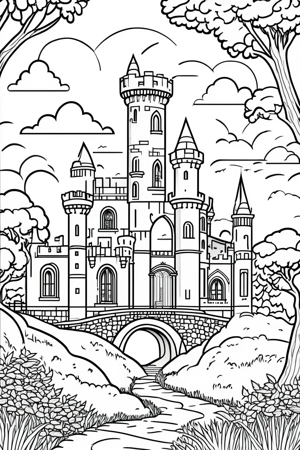Black and white printable coloring page of a magical castle with tall towers, stone bridge, clouds, trees, and a winding path, designed as detailed coloring page, kids' coloring page, printable
