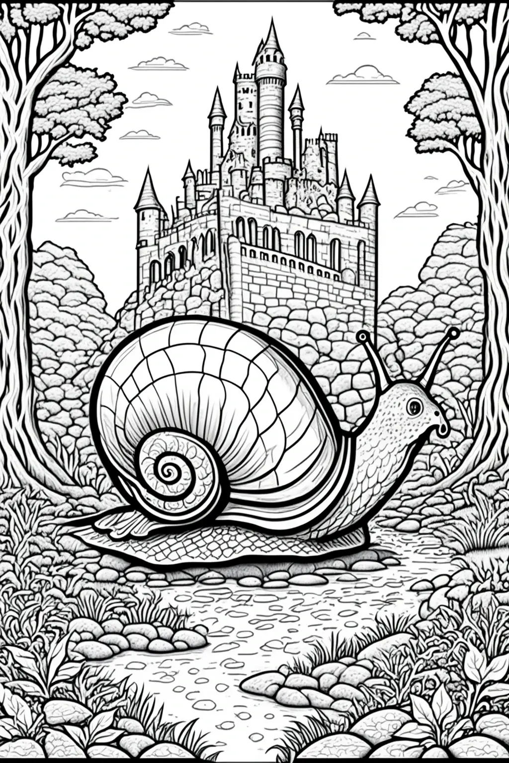 Black-and-white fantasy coloring sheet showing a giant snail in front of a stone castle framed by trees and rocks. High-detail printable coloring page perfect for kids' coloring page, detailed