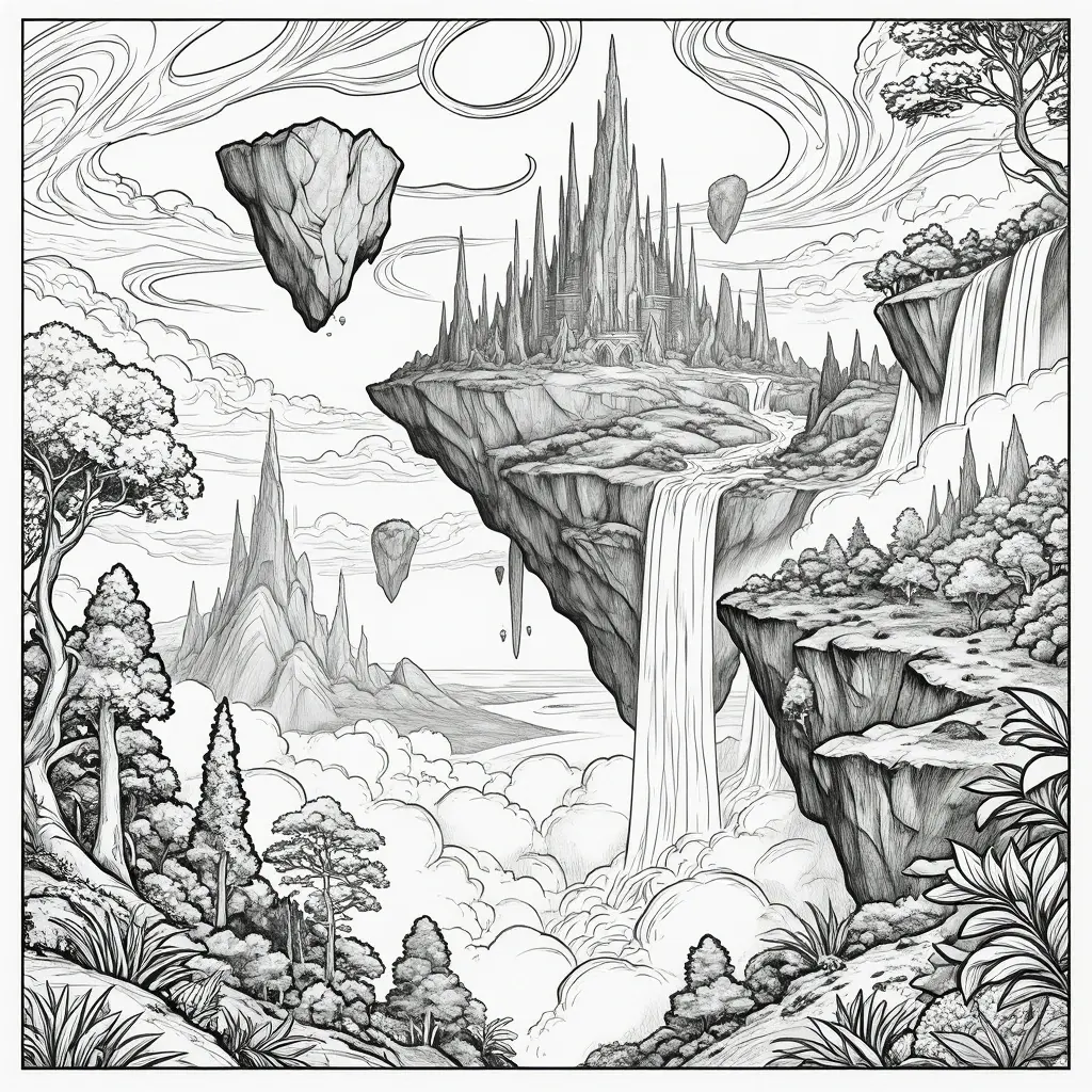 Black and white fantasy landscape coloring page showing a floating castle on a cliff island with tall spires, waterfalls, clouds, trees, and detailed rocky terrain, ideal for detailed coloring page