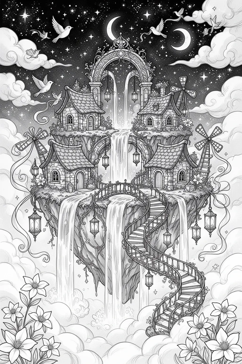 Floating Island Sky Village coloring page.