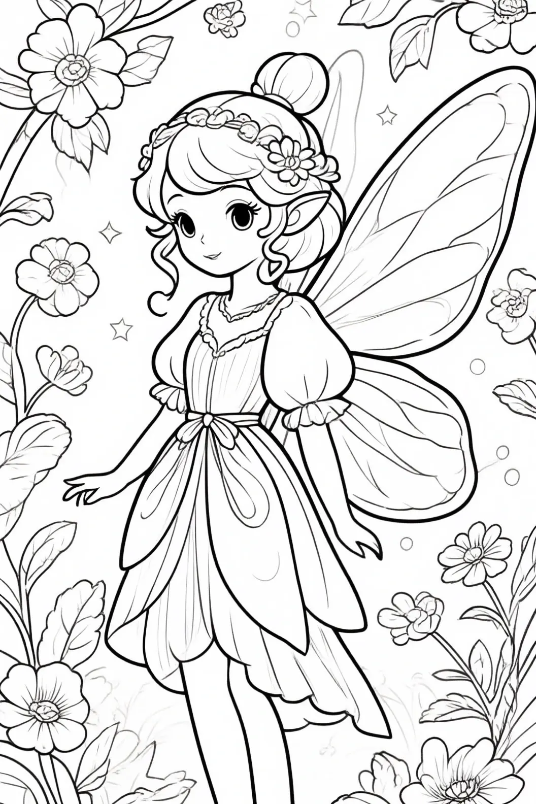 Black-and-white flower fairy line art for a printable coloring page showing a young fairy with wings among flowers perfect for detailed coloring page, kids' coloring page, printable coloring page, and