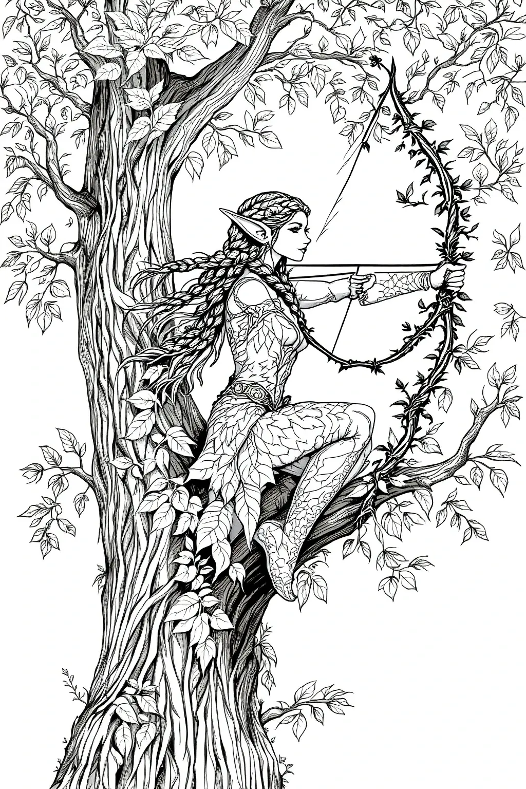 Black-and-white detailed coloring page of a forest elf archer sitting in a tree with a vine-wrapped bow. Intricate leaves, braided hair, and textured clothing make this a printable coloring page style