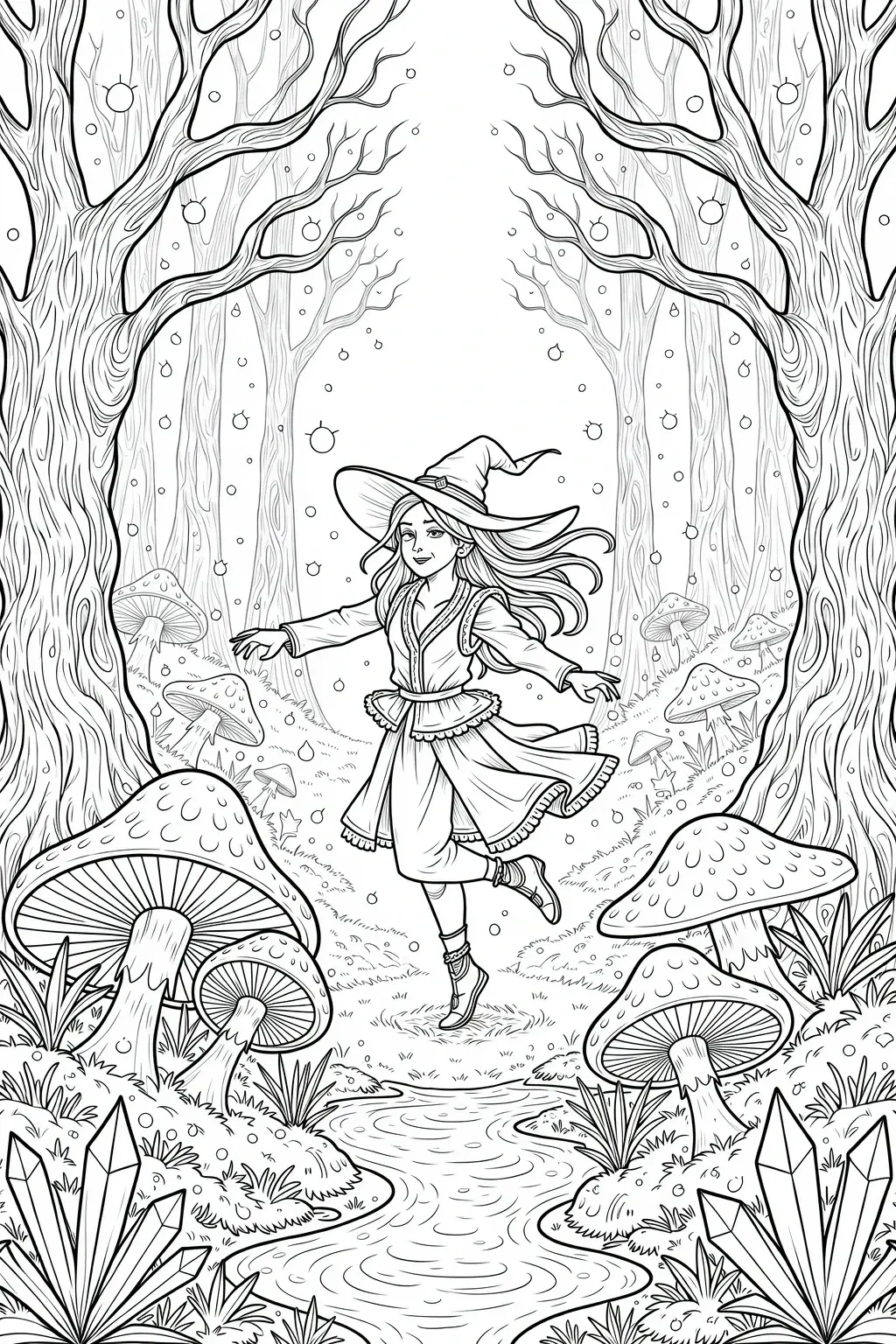Black-and-white detailed coloring page of a witch dancing in a mushroom forest printable coloring page style, kids' coloring page and coloring sheets.